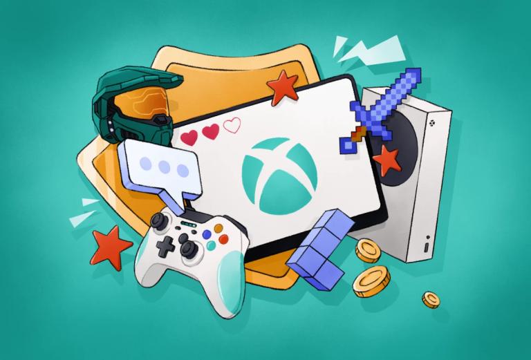 Illustration of an Xbox console and TV screen protected by a stylized VPN shield.
