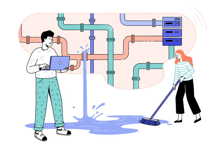 Two characters trying to fix a leaking pipe.