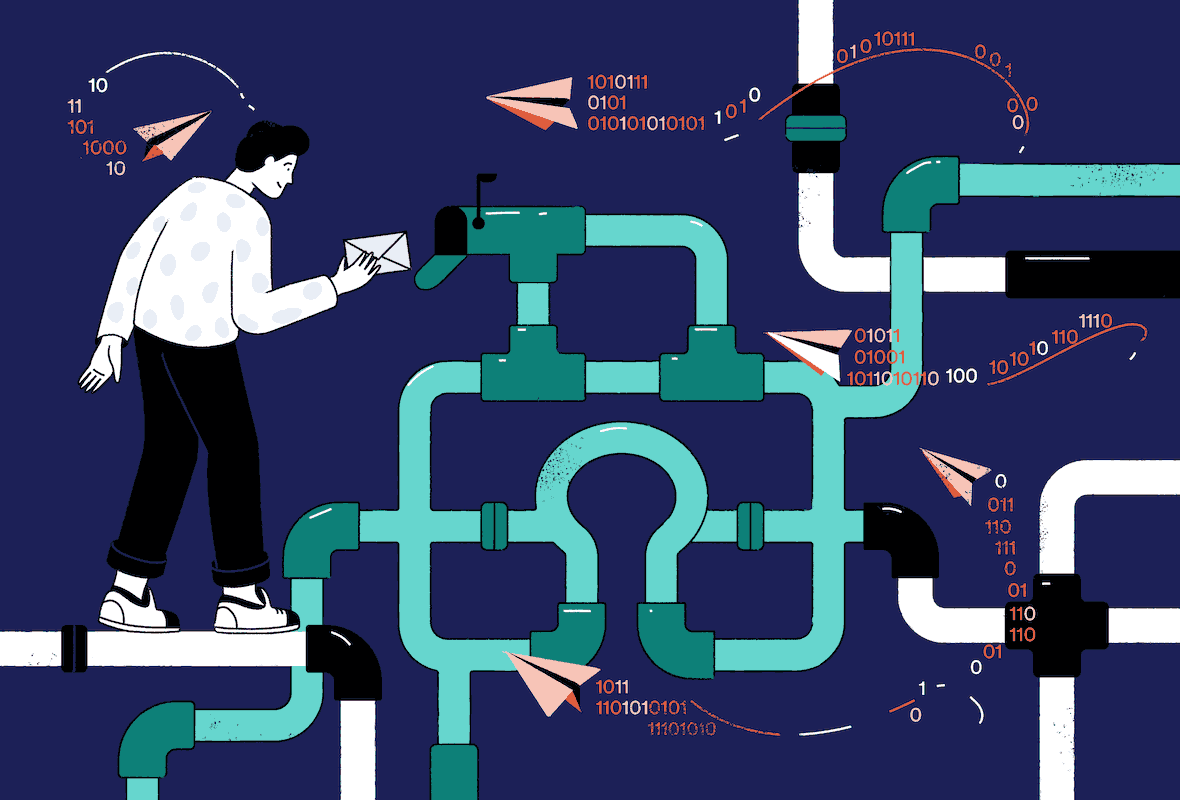 Illustrazione di un uomo che inserisce un messaggio in una rete di canali sicuri, proteggendolo dai dati non protetti esterni ai canali.