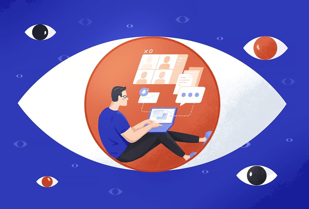 Employee Surveillance Software Demand Tracker header illustration of a man working on a latop
