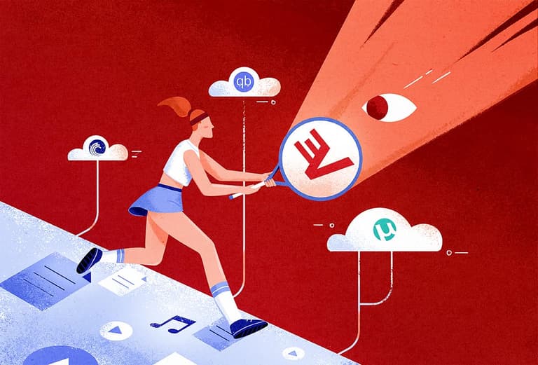 a character uses a tennis racket with the ExpressVPN logo to protect an array of torrenting activity of