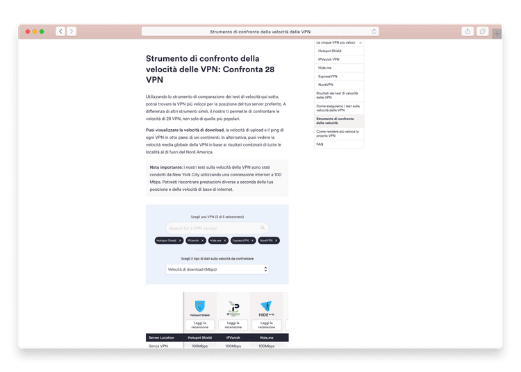 Test di velocità delle VPN