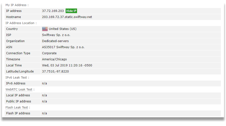 Results of AirVPN's DNS and IP leak test on browserleaks