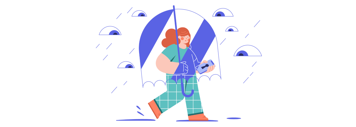 An illustration of a woman shielding herself from eyes with an umbrella