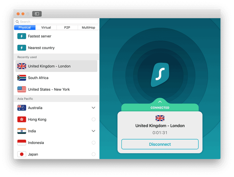 Écran d'accueil du VPN de Surfshark