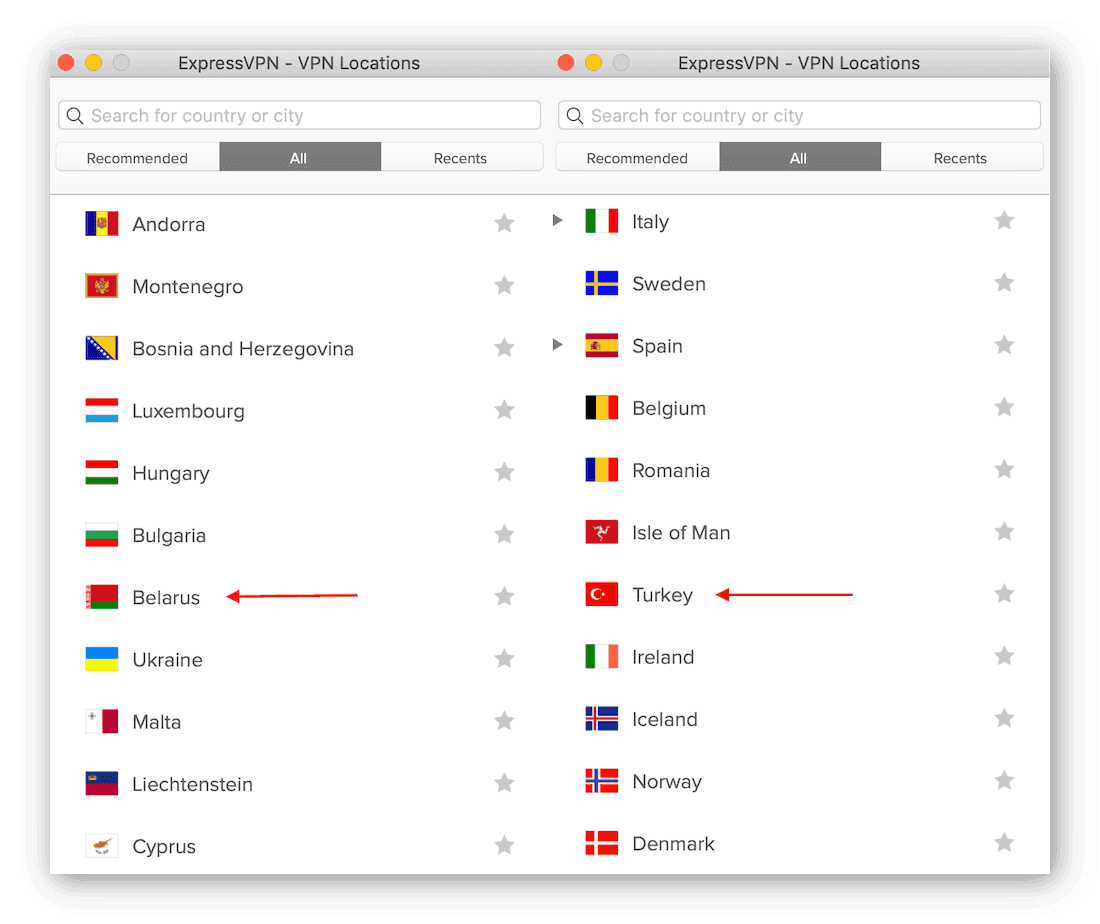 ExpressVPN offre posizioni dei server in Turchia e Bielorussia, due paesi in cui le VPN sono illegali o se ne limita l’uso