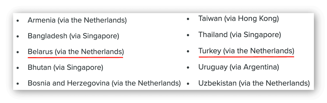 Certains emplacements de serveurs virtuels utilisés par ExpressVPN, y compris au Belarus et en Turquie.