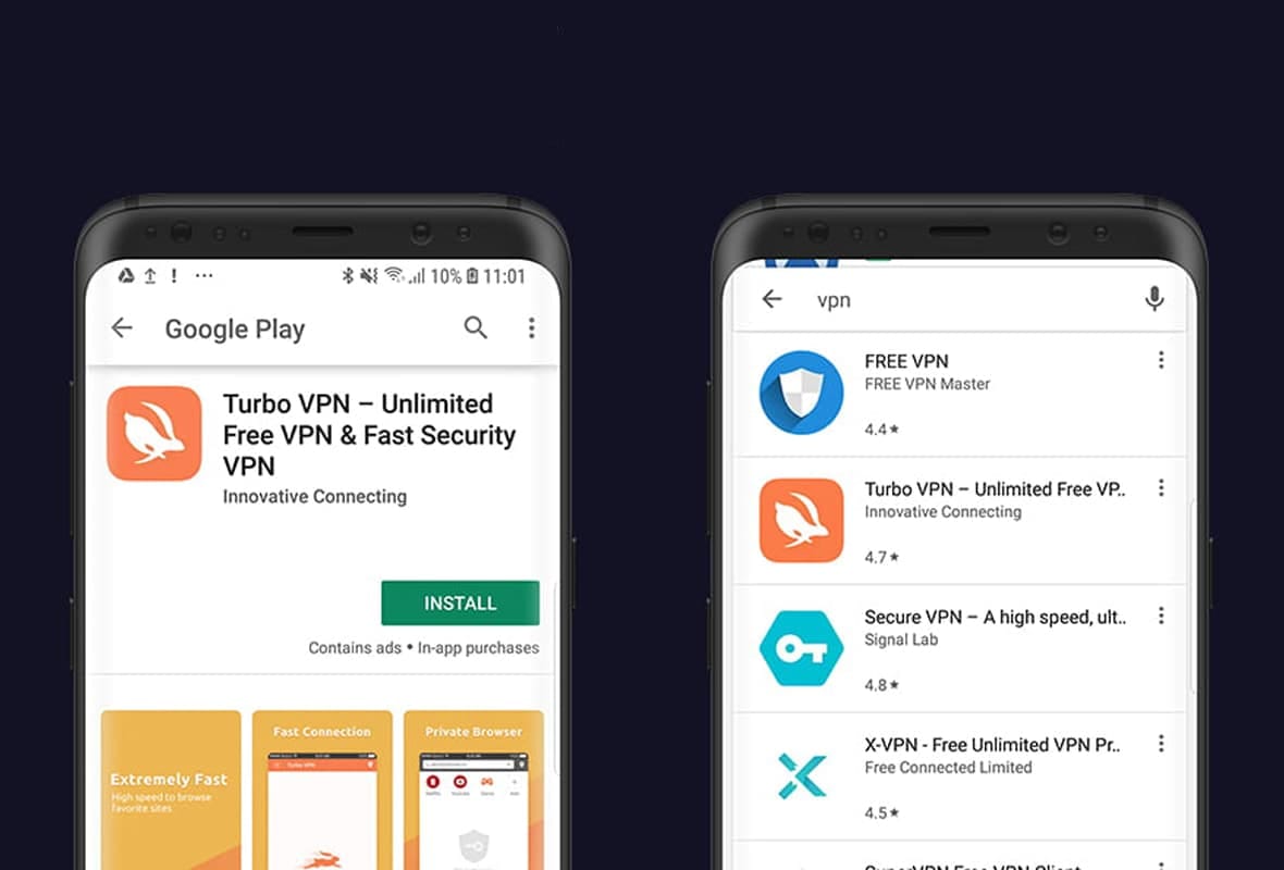 Image showing two Android devices, one with the Google Play store listing for Turbo VPN and other showing VPN search results.