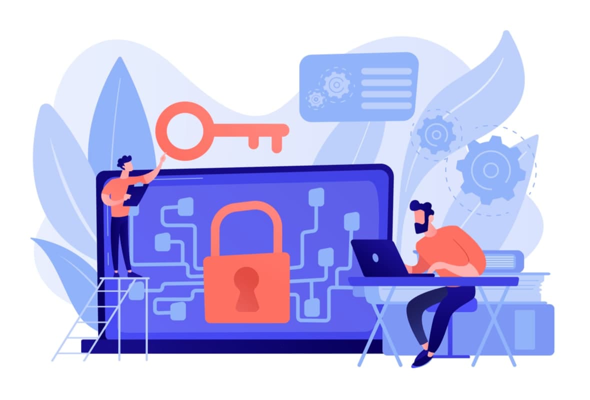 Illustration of a man sat at a laptop showing cybersecurity items.