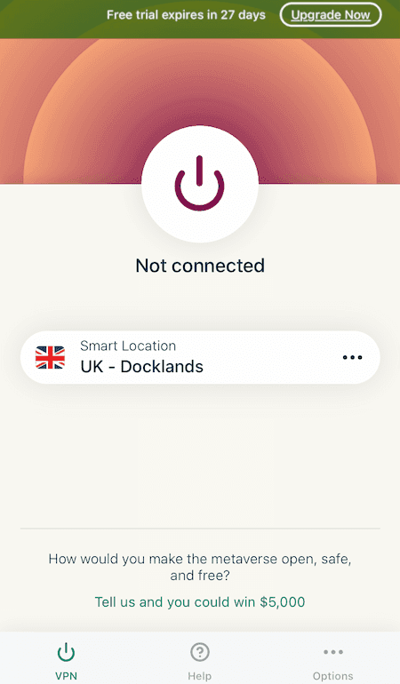 Tela de início da ExpressVPN no iOS com banner do teste