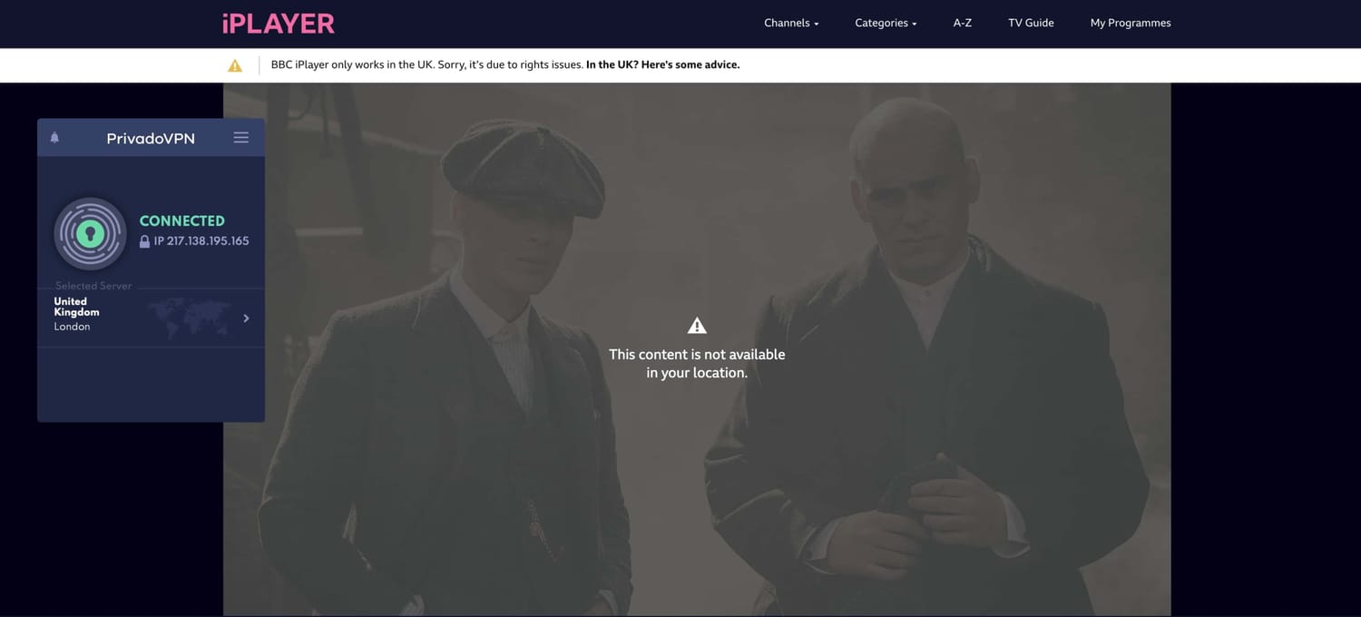 Test d'accès à BBC iPlayer avec PrivadoVPN
