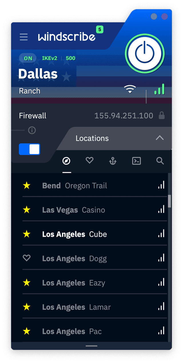 Capture d'écran de l'application Windscribe montrant les emplacements des serveurs gratuits