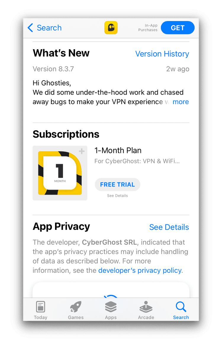 CyberGhost's app store listing with free trial button