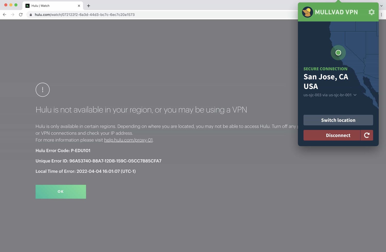 Mullvad failed to unblock Hulu and most other streaming services