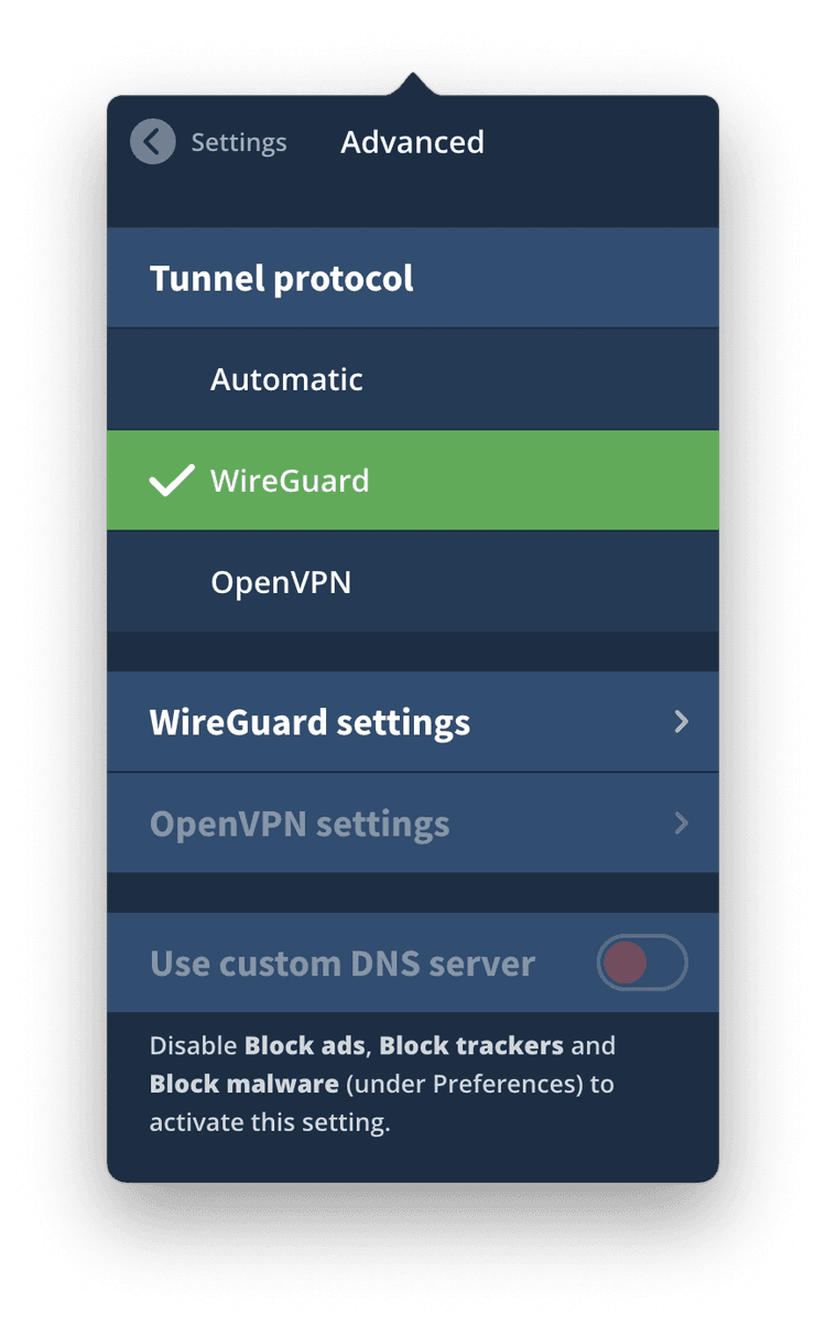 Mullvad Protocol Options