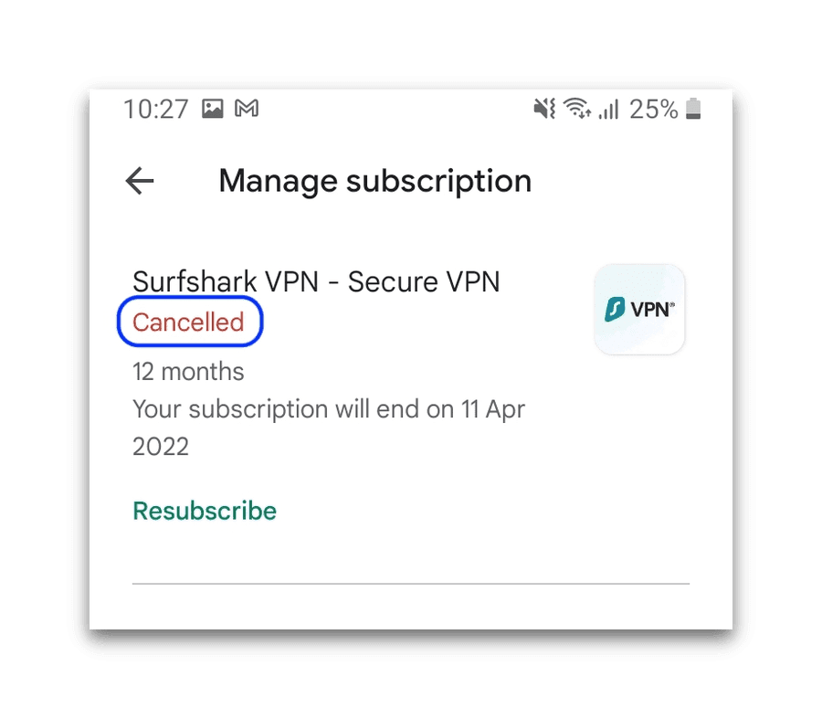 Notifica che la prova gratuita di Surfshark è stata annullata su Android