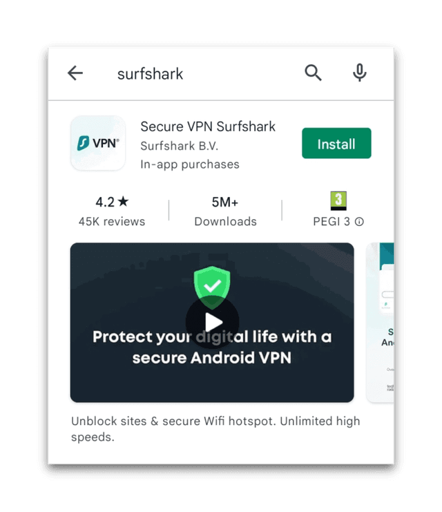 Prova gratuita di Surfshark sul Play Store Android