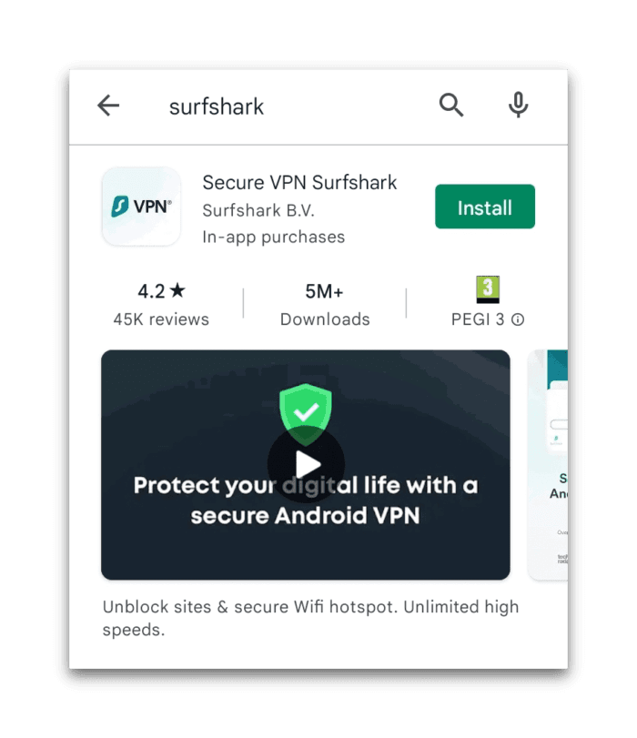 Prueba gratuita de Surfshark en Android Play Store 