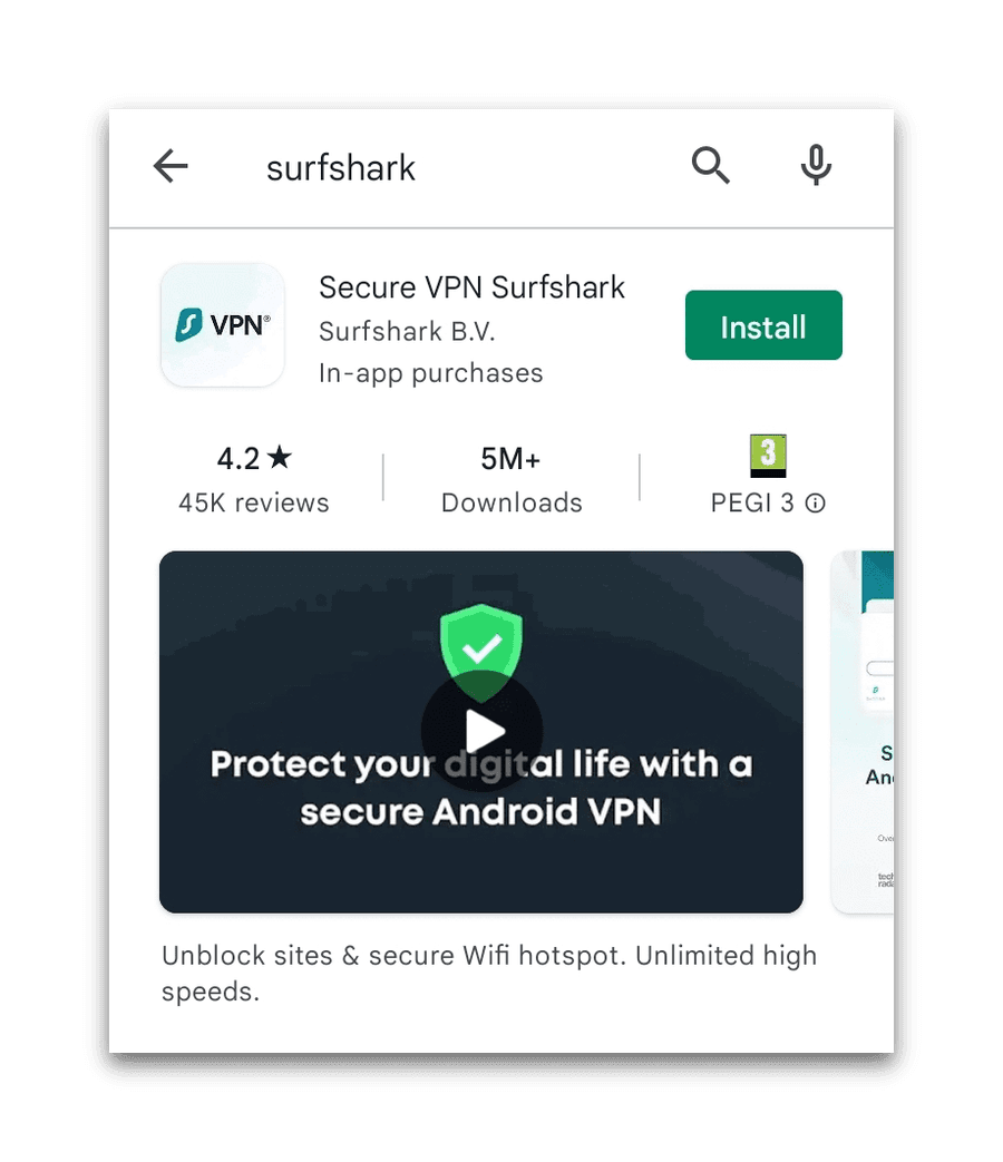 Prova gratuita di Surfshark sul Play Store Android