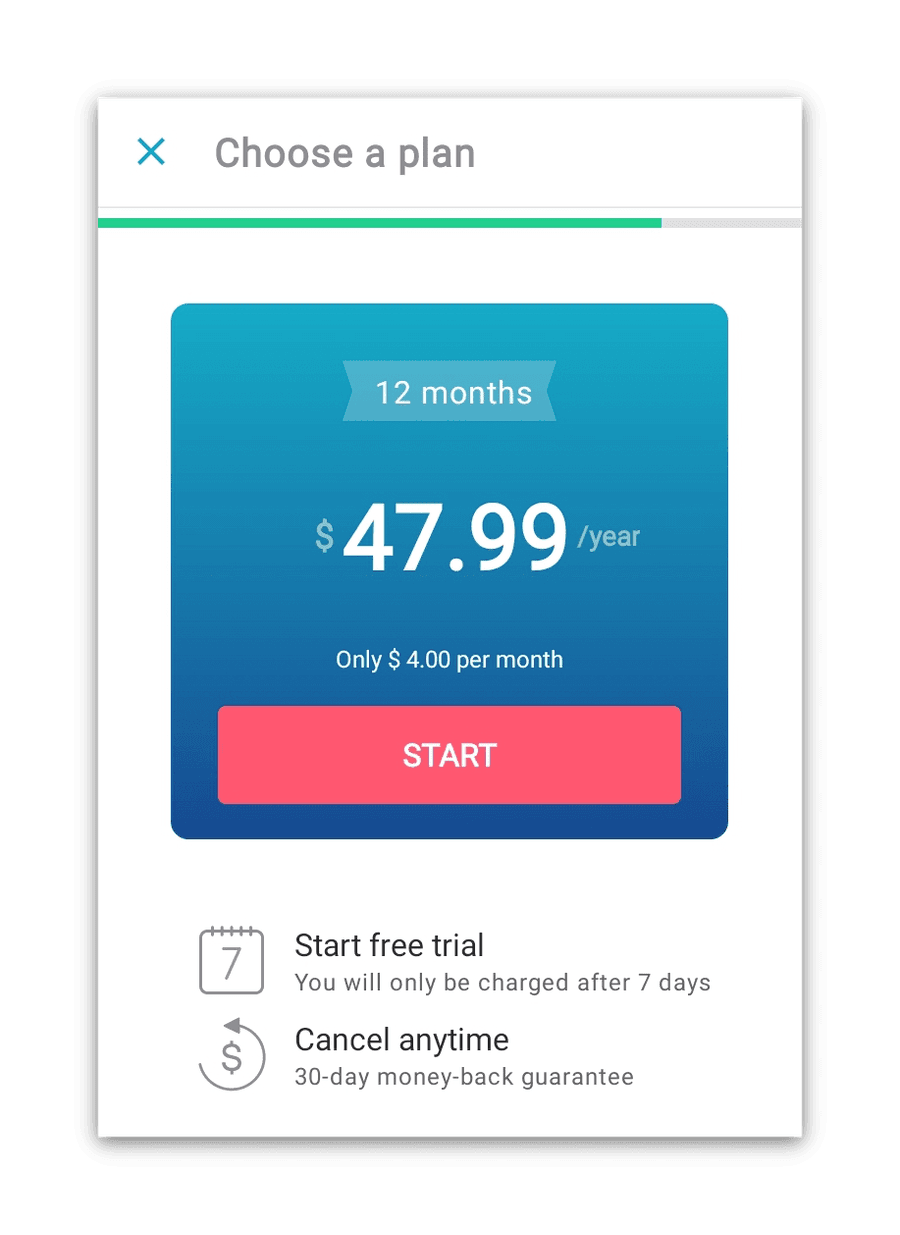 Inizio della prova gratuita di Surfshark Android