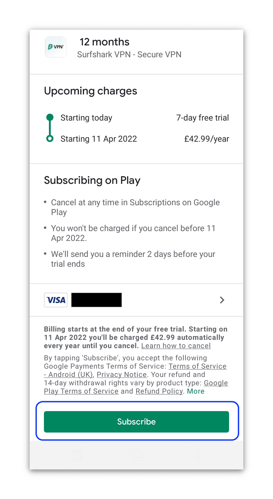 Iscrizione alla prova gratuita di Surfshark su Android