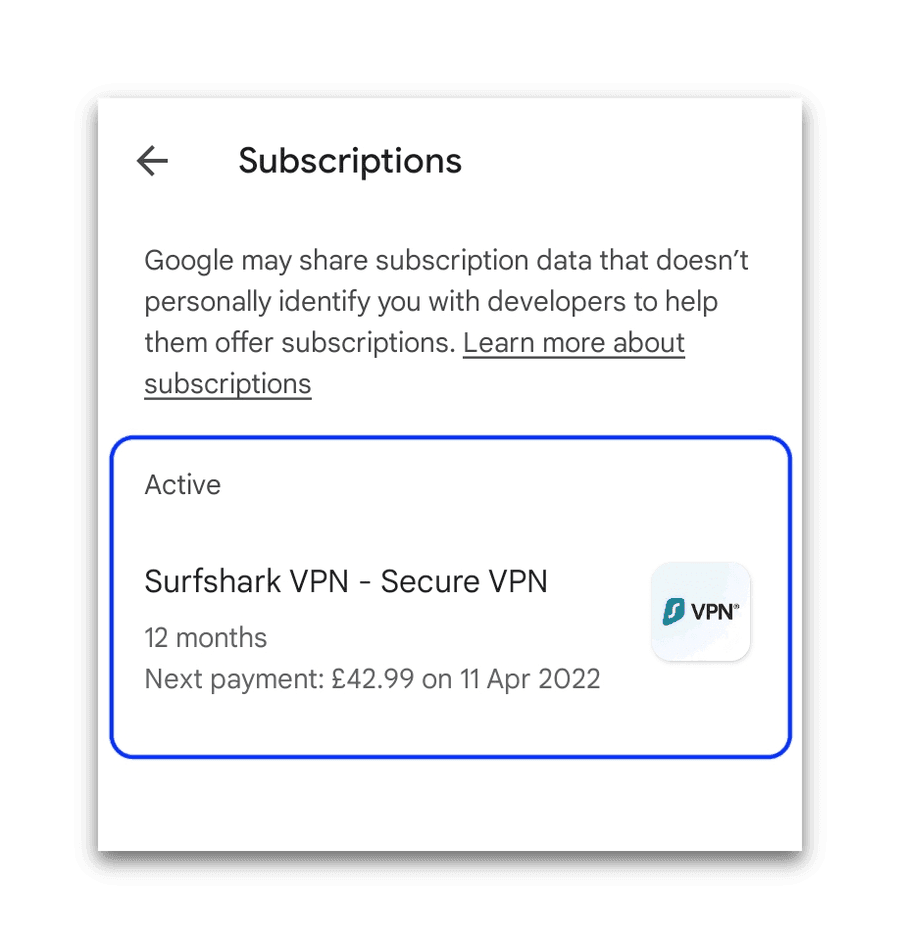Elenco degli abbonamenti alla prova gratuita di Surfshark per Android
