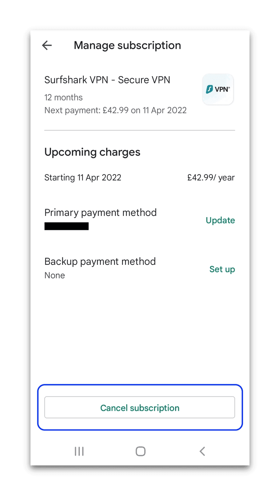 Annullamento della prova gratuita di Surfshark iOS