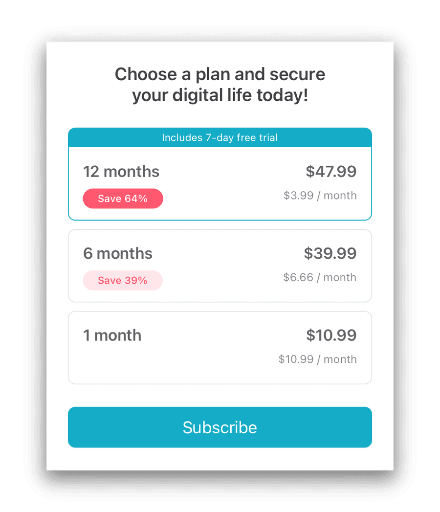 Piani tariffari di prova gratuita di Surfshark iOS