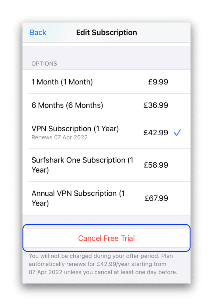Cancelar prueba gratuita de Surfshark en iOS