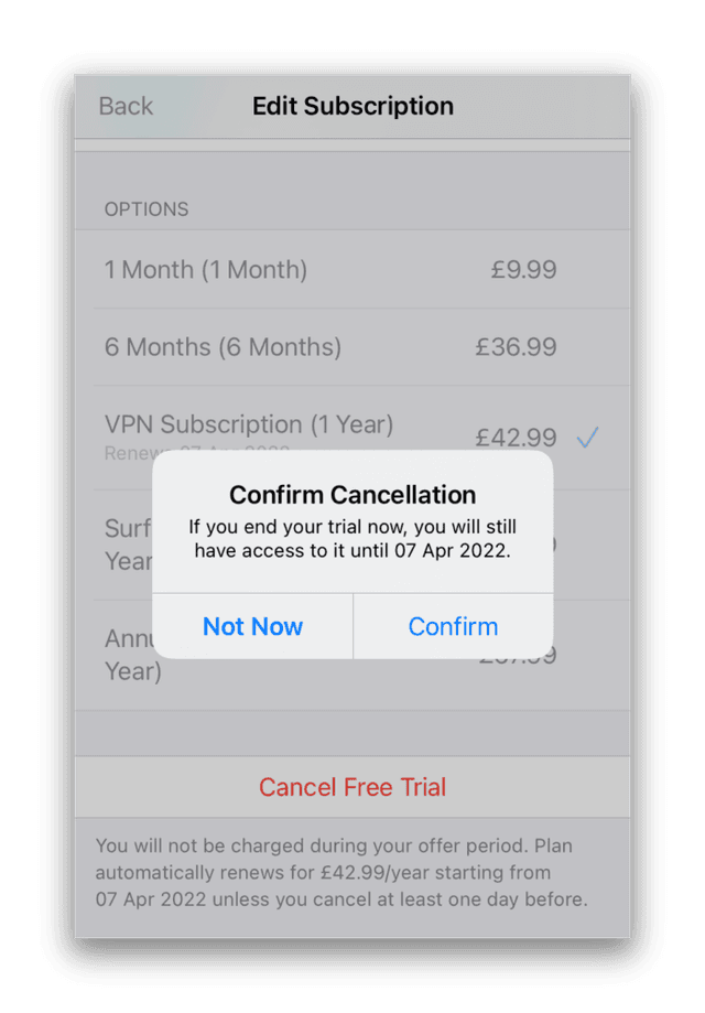 Annullamento della prova gratuita di Surfshark iOS