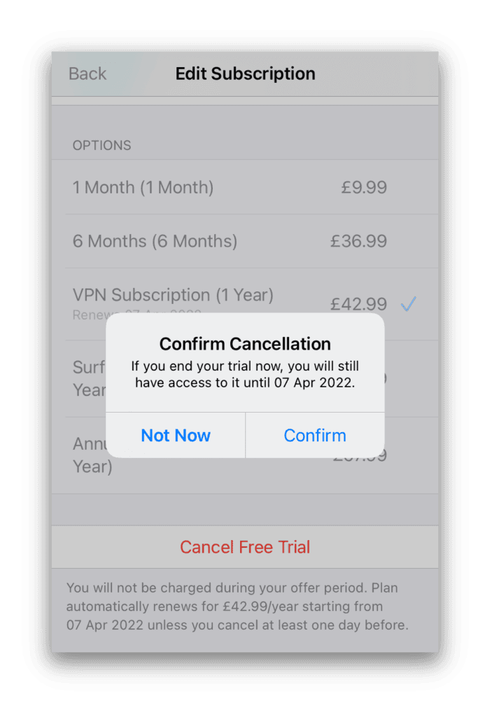 Cancelación de la prueba gratuita de Surfshark en iOS 