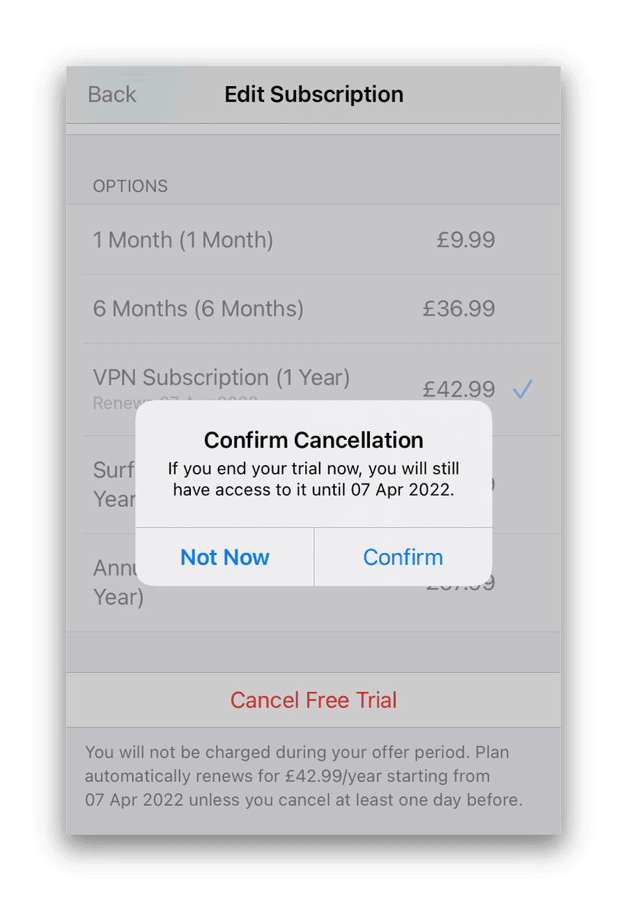 Annullamento della prova gratuita di Surfshark iOS