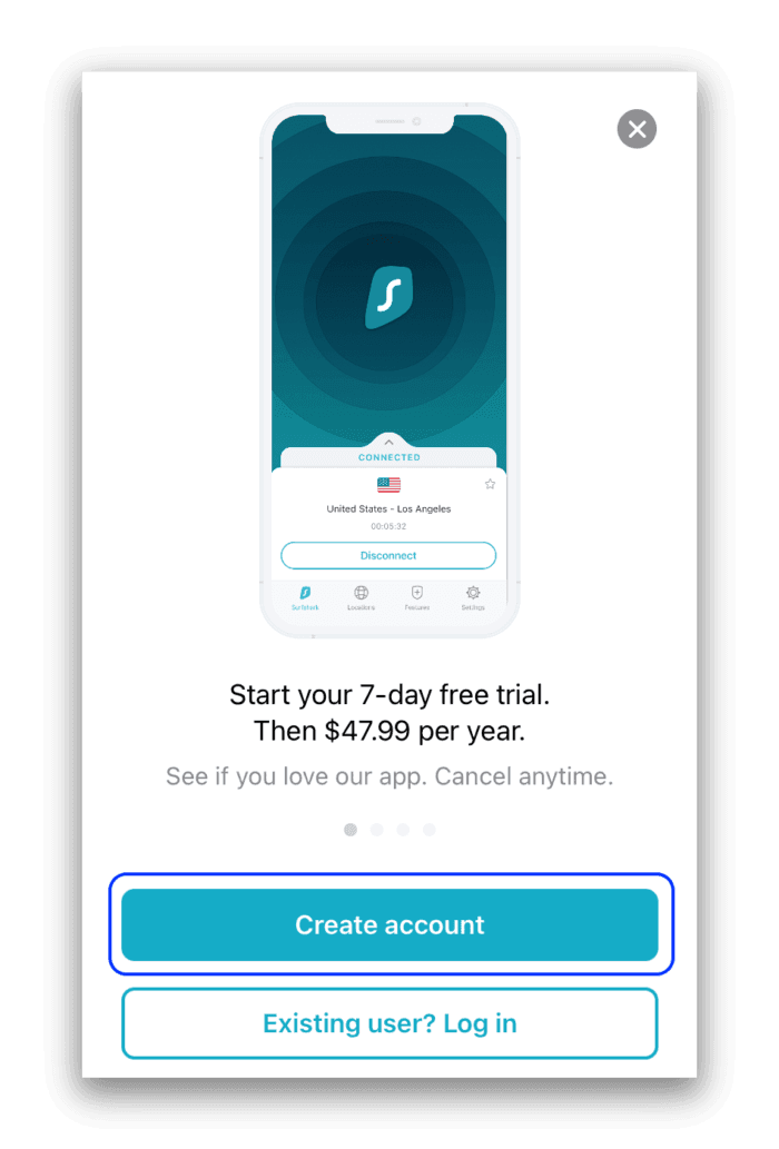 Creación de cuenta para acceder a la prueba gratuita de Surfshark en iOS 
