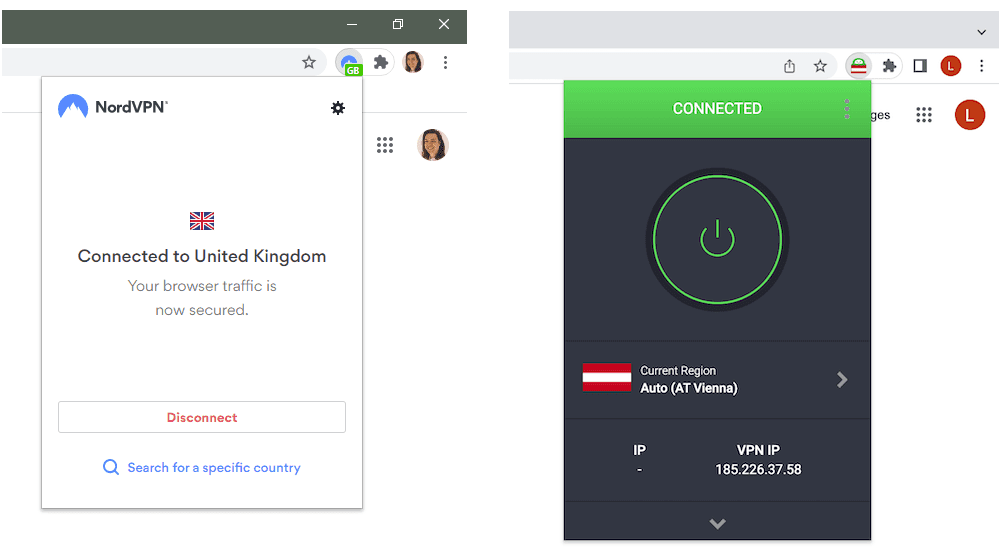 Side-by-side image comparing NordVPN and PIA's Google Chrome extensions