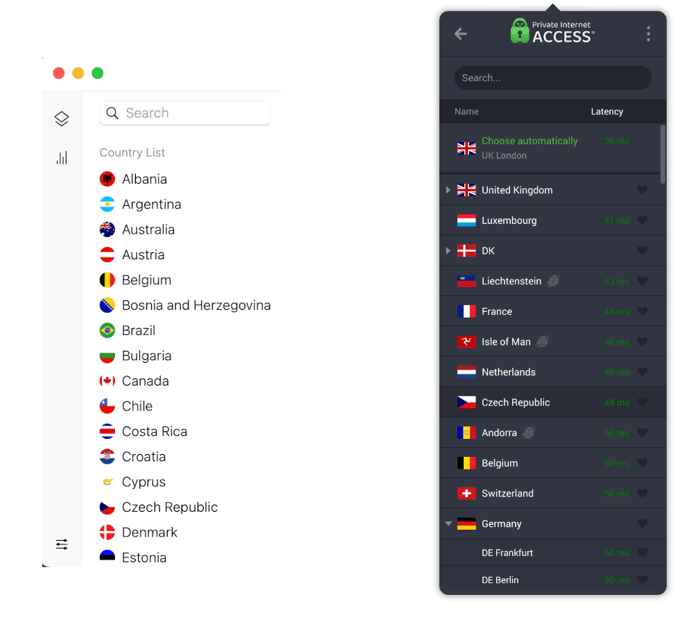 Side-by-side comparing PIA's server list to NordVPN's