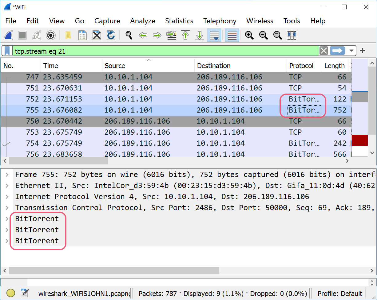 Wireshark test detecting a BitTorrent protocol.
