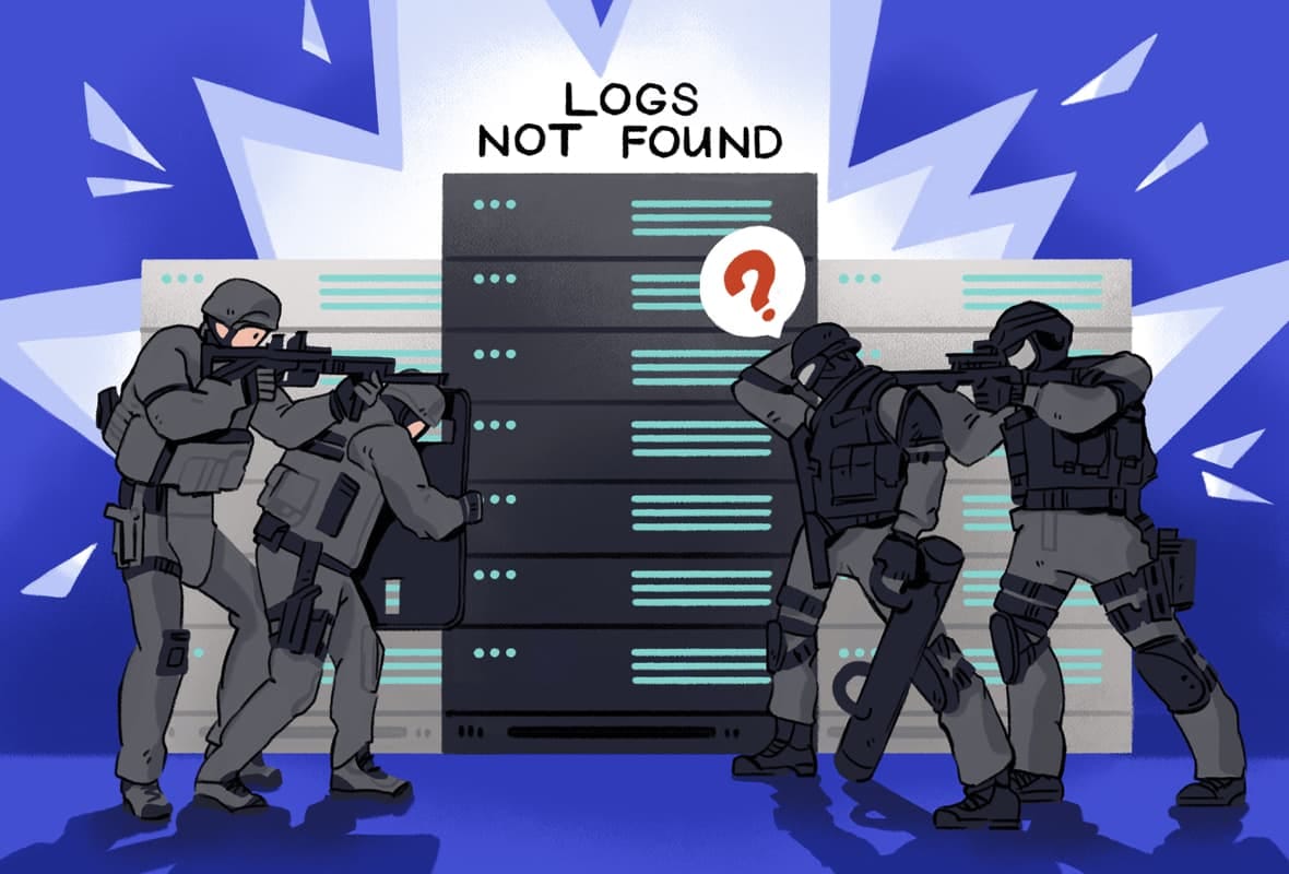 Illustration showing the lack of VPN logs preventing authorities from accessing data.