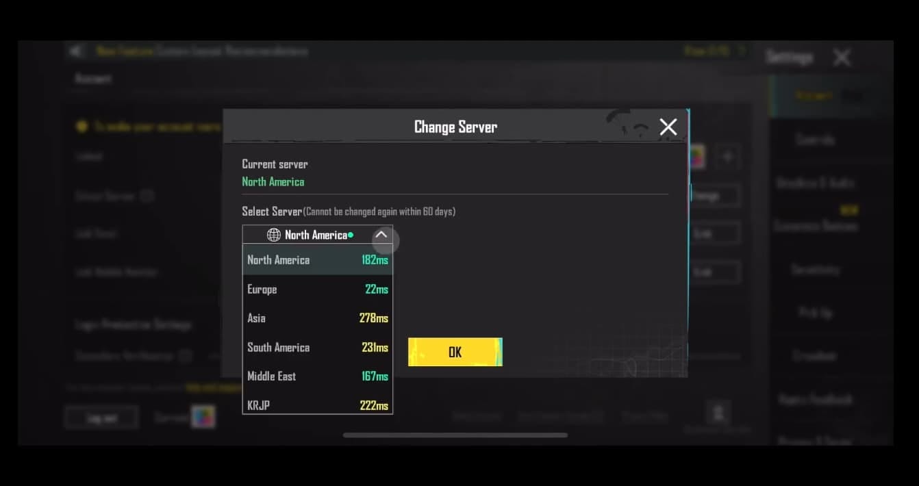 iOS screenshot of PUBG Mobile's region change menu