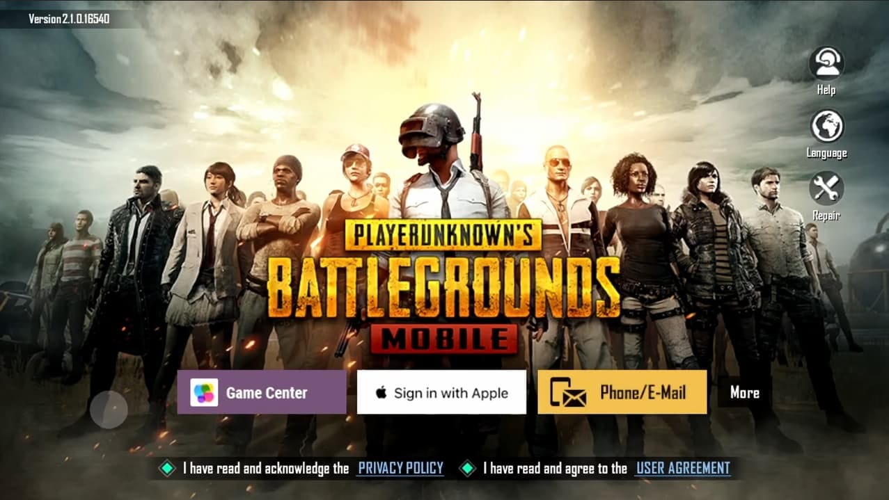 iOS screenshot of PUBG Mobile's main menu