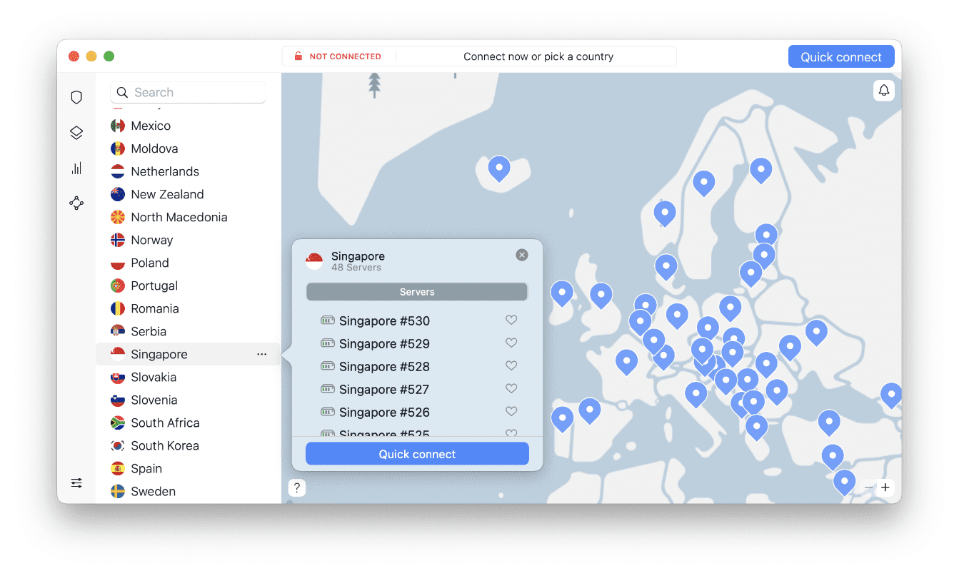 NordVPN's macOS app showing individual Singapore servers