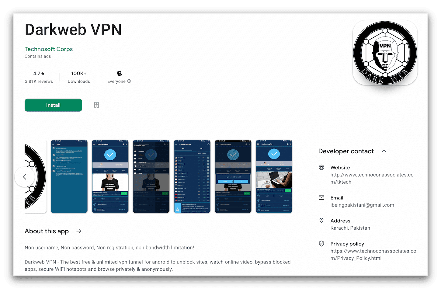 Screenshot of Darkweb VPN on the Google Play Store