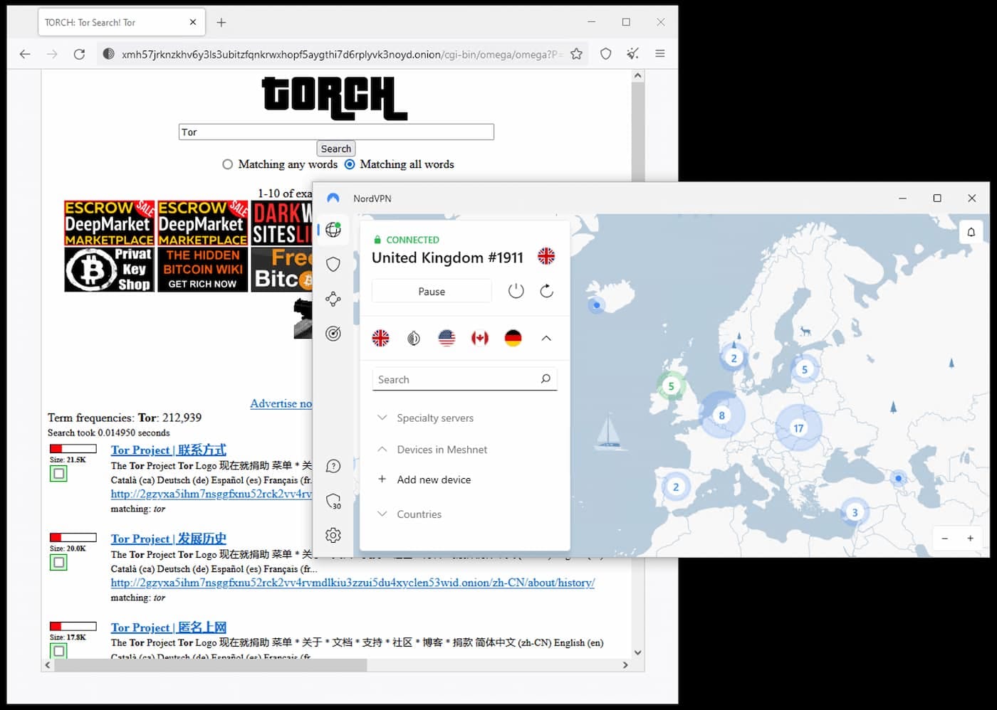 Screenshot of NordVPN connected to a server in the UK, while Tor browser is open on Torch.onion sit