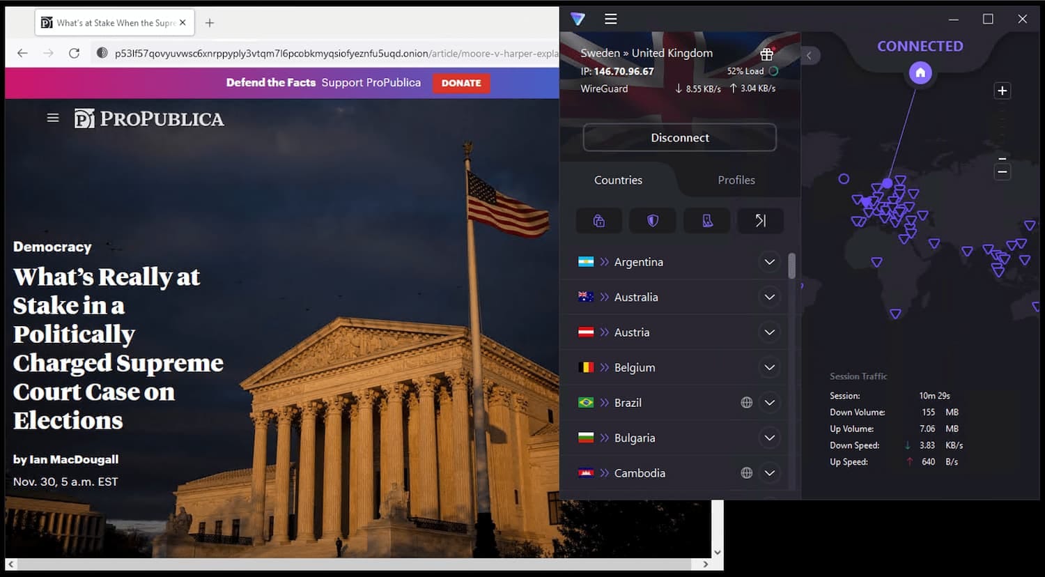 In our tests, we enabled Proton’s secure core servers, kill switch, and then accessed ProPublica.onion on the Tor browser