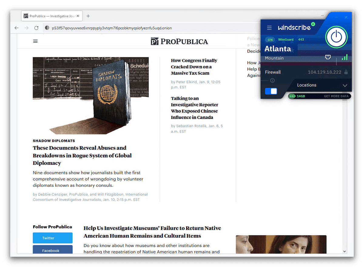 Connected to Windscribe free and the Tor browser, we accessed ProPublica’s onion site