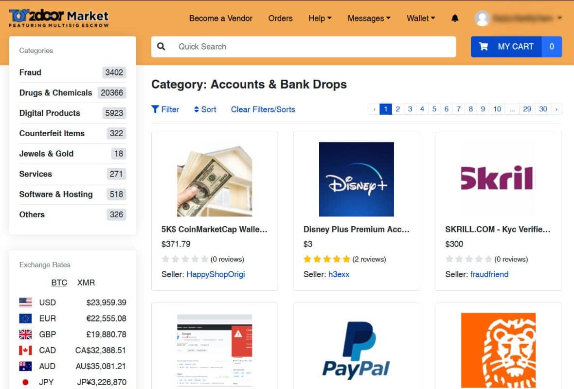 Darknet market Tor2door showing identity theft and fraud items for sale.