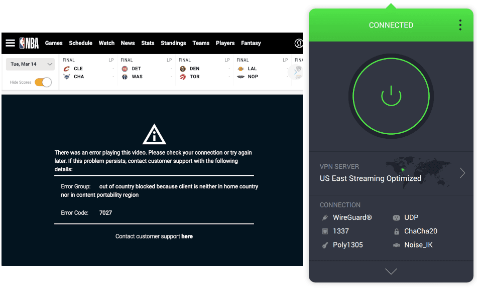 NBA League Pass blocked all PIA VPN's servers.