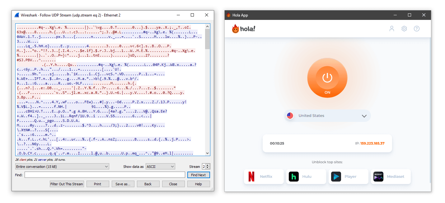 Hola VPN Wireshark results