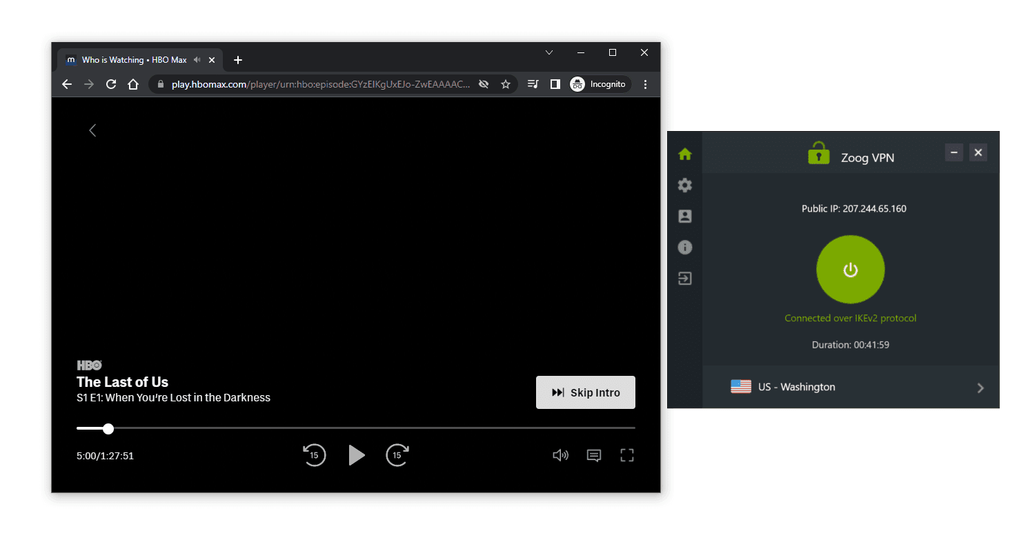 Der Washington-Server der kostenlosen ZoogVPN-Version funktionierte mit HBO Max.