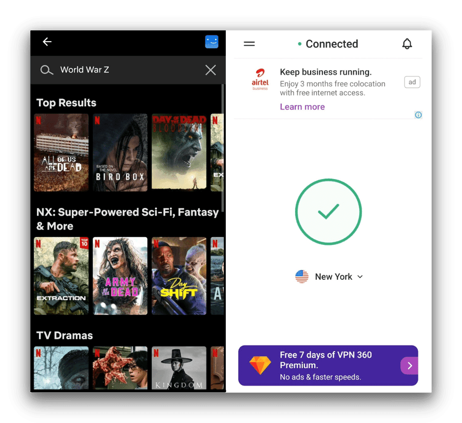 Screenshot of VPN 360 connected to a US server and Netlfix is only showing Netflix Original content.