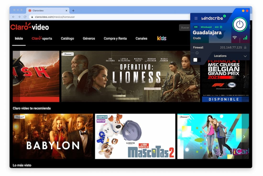 Windscribe desbloqueando Claro Video México